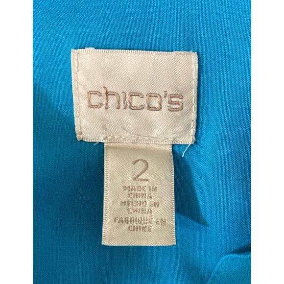 Chico's size 2 Large Blue Asymmetric Hem Button Up Tunic Tie Sleeve Lagenlook - Picture 6 of 7